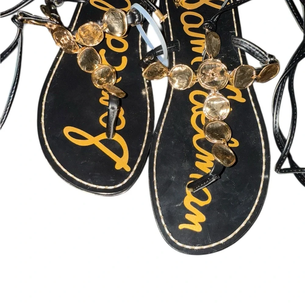 Sam Edelman Black Deirdre Wrap Leather Lace-Up Sandals Gold Coin Details Size 6 - Picture 6 of 6